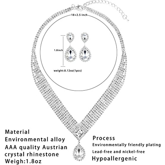 Rhinestone Necklace Bangle Bracelet Crystal Teardrop Dangle Earrings Set Bridal - Picture 6 of 7